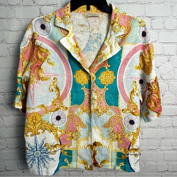 Bellambra Tops - Bellambra colorful printed artsy linen blend button down ladies top Italy preppy